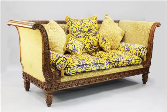 A large pair of neo-classical style settees, both W.7ft 6in. H.3ft 5in. D.2ft 10in.